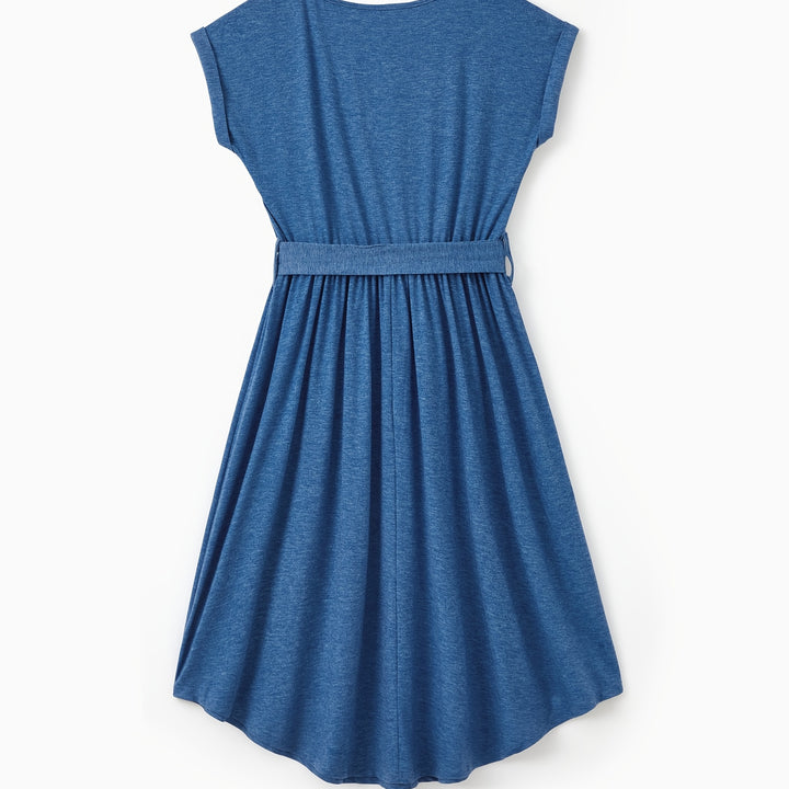 PatPat Family Matching Blue Cap-sleeve Belted Midi Dresses And Short-sleeve Striped Spliced T-shirts Sets, Men Women Baby Kid's Clothes For Family Activities