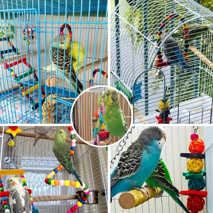 5pcs/8pcs/15pcs of Long-Tailed Parakeet Toys, Hanging Bells for Pet Bird Cages, Hammocks, Swings, Wooden Perches for Chewing, Suitable for Budgerigars, Conures, Lovebirds, Finches, And Long-Tailed Parakeets. Swinging And Stan