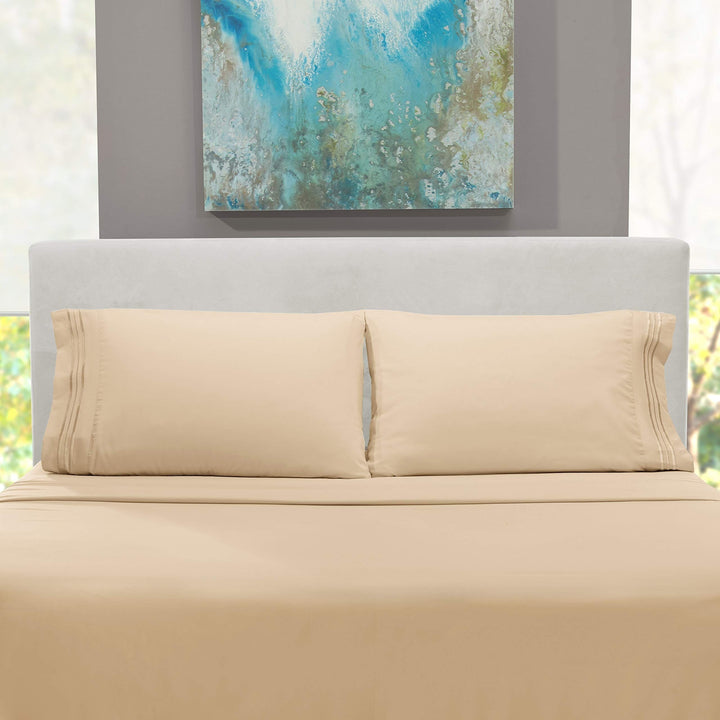 3/4pcs Beige Bedding Set - Independence Day Celebration Gift, Polyester 100., Machine Washable, All-Season Use, Includes Fitted Sheet and Pillowcases, Holiday Bedding|Decorative Bedding|Polyester Fabric