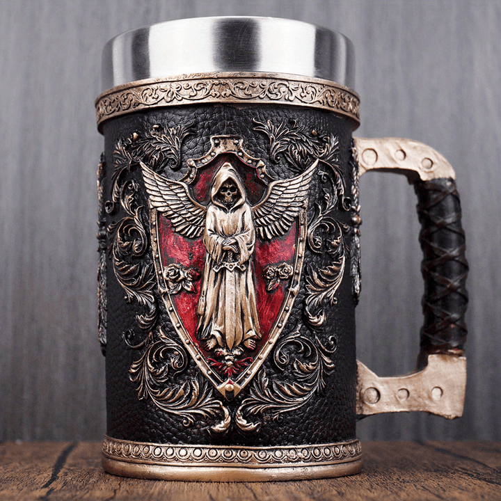1pc Horror Death Coffee Mug - 600ml/20oz Stainless Steel Grim Reaper Skull Water Cup - Unique Summer Winter Drinkware for Home Kitchen, Spooky Birthday and Halloween Gifts