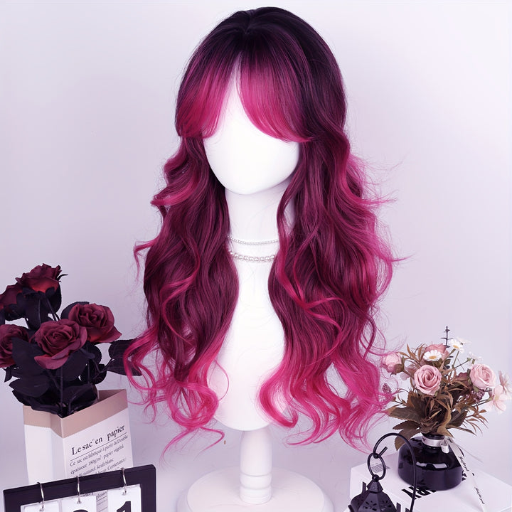28" Heat Resistant Synthetic Hair Long Wavy Wig with Air Bangs - 150% Density Rose Net Cap for Women, Elegant Curly Wave Style for Parties, Christmas & Casual Attire, Everyday Wig | Chic Appearance | Synthetic Hair Wig, Wig A