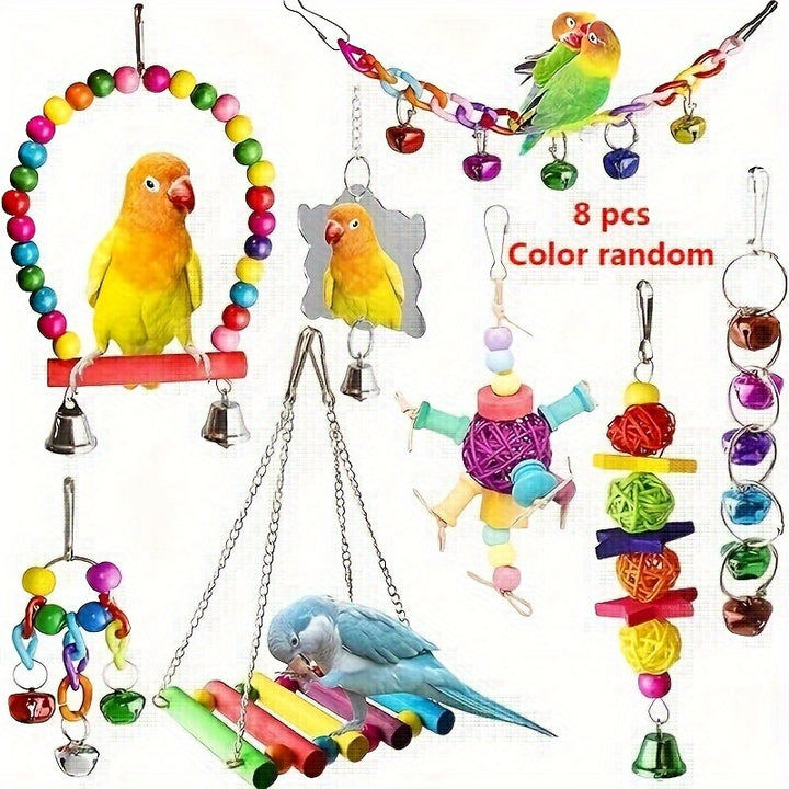 5pcs/8pcs/15pcs of Long-Tailed Parakeet Toys, Hanging Bells for Pet Bird Cages, Hammocks, Swings, Wooden Perches for Chewing, Suitable for Budgerigars, Conures, Lovebirds, Finches, And Long-Tailed Parakeets. Swinging And Stan