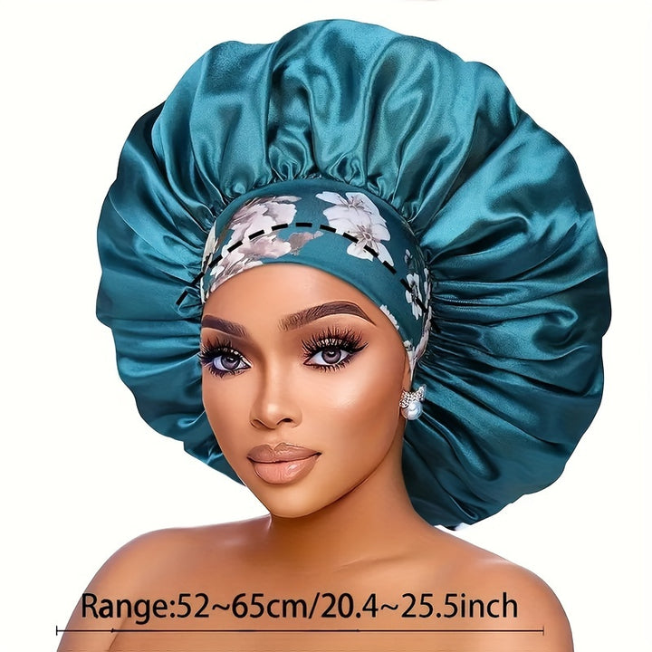 2pcs/set Oversized Satin Bonnet Flower Printed Band Imitation Silk Soft Sleeping Night Cap Elastic Lightweight Hair Bonnets For Women daily use