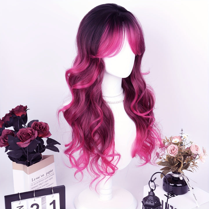 28" Heat Resistant Synthetic Hair Long Wavy Wig with Air Bangs - 150% Density Rose Net Cap for Women, Elegant Curly Wave Style for Parties, Christmas & Casual Attire, Everyday Wig | Chic Appearance | Synthetic Hair Wig, Wig A