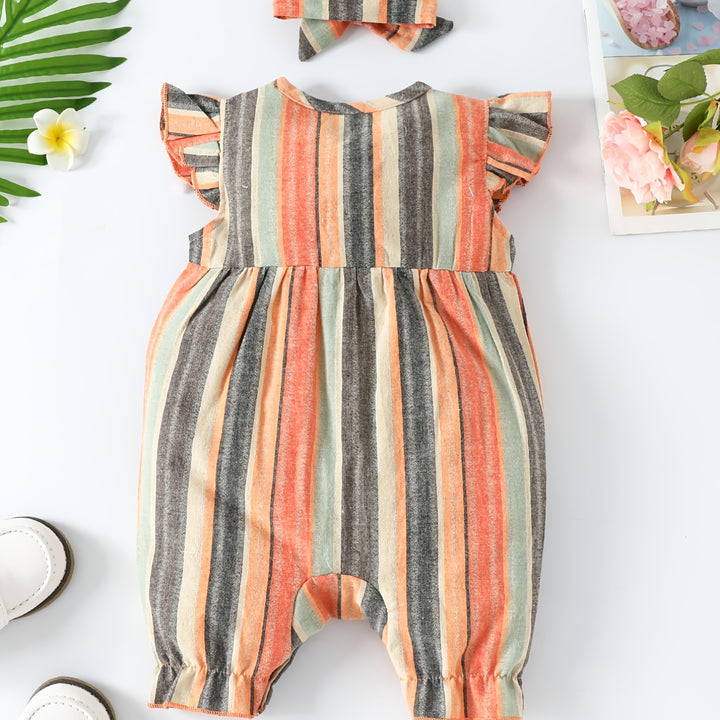 Baby Girls Striped Ruffled Romper Set with Bow Headband for Summer