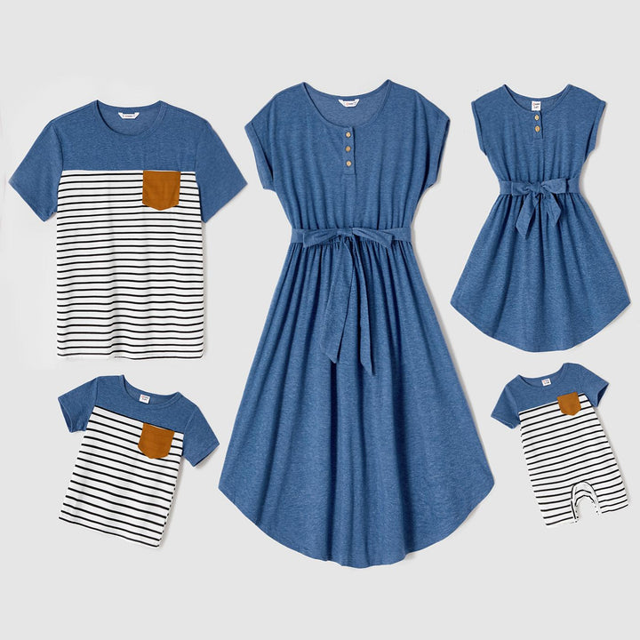 PatPat Family Matching Blue Cap-sleeve Belted Midi Dresses And Short-sleeve Striped Spliced T-shirts Sets, Men Women Baby Kid's Clothes For Family Activities