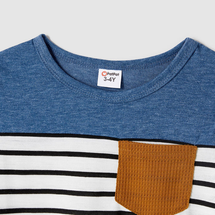 PatPat Family Matching Blue Cap-sleeve Belted Midi Dresses And Short-sleeve Striped Spliced T-shirts Sets, Men Women Baby Kid's Clothes For Family Activities