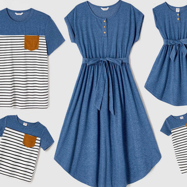 PatPat Family Matching Blue Cap-sleeve Belted Midi Dresses And Short-sleeve Striped Spliced T-shirts Sets, Men Women Baby Kid's Clothes For Family Activities