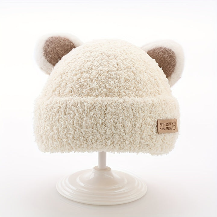 1pc Baby Plush Bear Ears Knit Cap, Children's Knitted Hats For Autumn And Winter