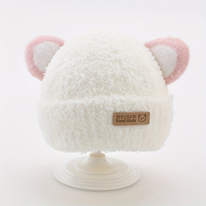 1pc Baby Plush Bear Ears Knit Cap, Children's Knitted Hats For Autumn And Winter