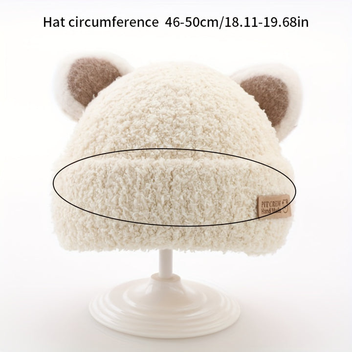 1pc Baby Plush Bear Ears Knit Cap, Children's Knitted Hats For Autumn And Winter