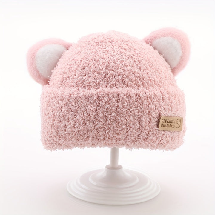 1pc Baby Plush Bear Ears Knit Cap, Children's Knitted Hats For Autumn And Winter