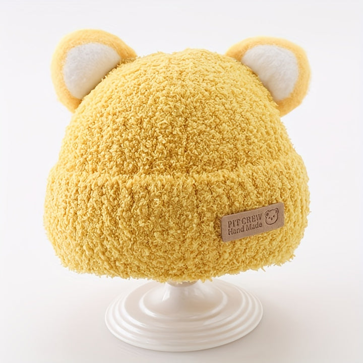 1pc Baby Plush Bear Ears Knit Cap, Children's Knitted Hats For Autumn And Winter