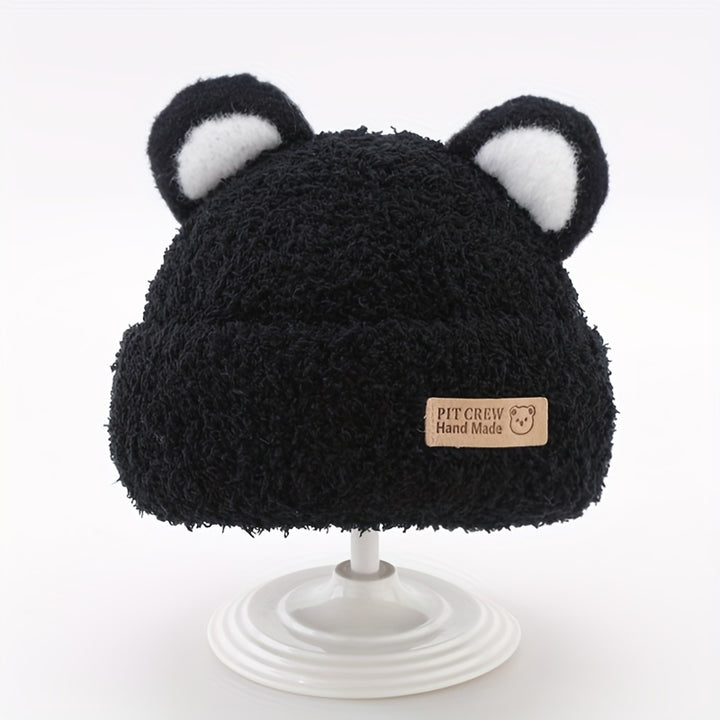 1pc Baby Plush Bear Ears Knit Cap, Children's Knitted Hats For Autumn And Winter