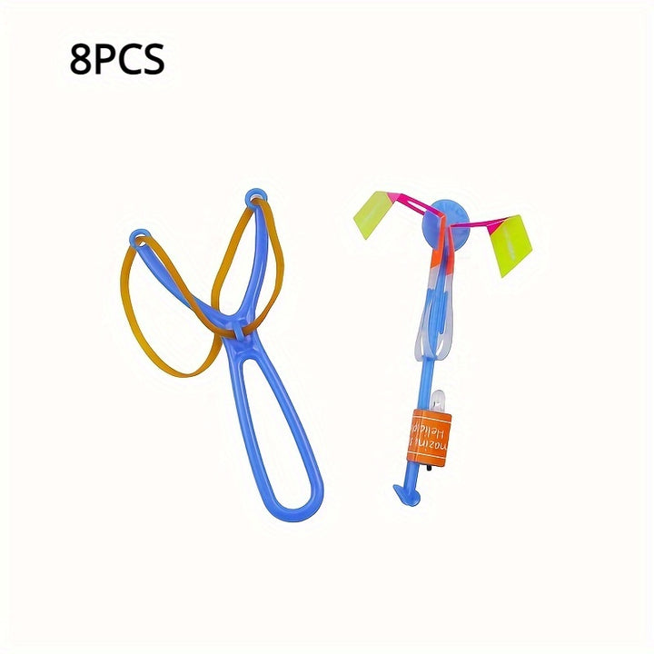 8pcs, Led Lighting Up Luminous Toy, Flying Slingshot, Flying Toys, Fast Catapult Luminous Toy, Glow In Dark Party Supplies, Party Favors, Holiday Gifts, Children Gifts, Outdoor Luminous Toys