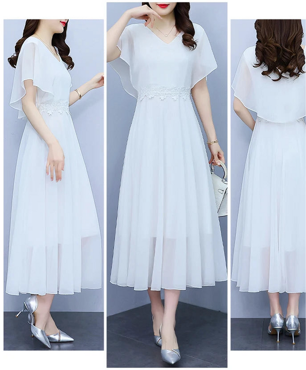 Long Elegant Dress White Chiffon /Black Butterfly Sleeve  Women Bodycon Chic Prom Night Dress