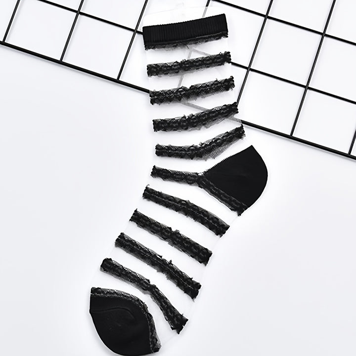 5 Pairs Lace Semi-Sheer Crew Socks, Cute & Comfortable Mesh Stockings, Women's Socks & Hosiery