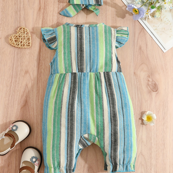 Baby Girls Striped Ruffled Romper Set with Bow Headband for Summer
