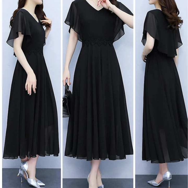 Long Elegant Dress White Chiffon /Black Butterfly Sleeve  Women Bodycon Chic Prom Night Dress