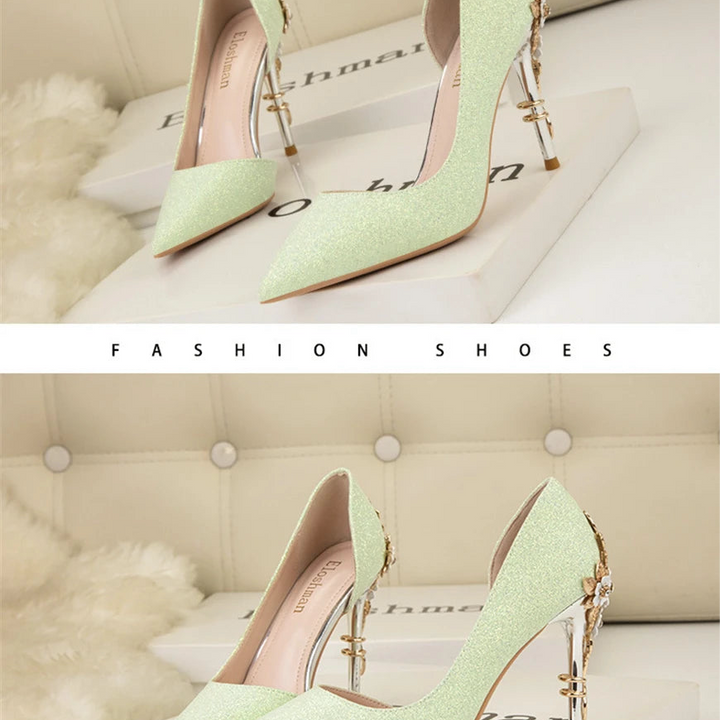 Light Luxury Sexy Women Dress Shoes 2025 Autumn Metal Flower Fashion High Heel Wedding White Pointed Sequins Shiny Female Pumps