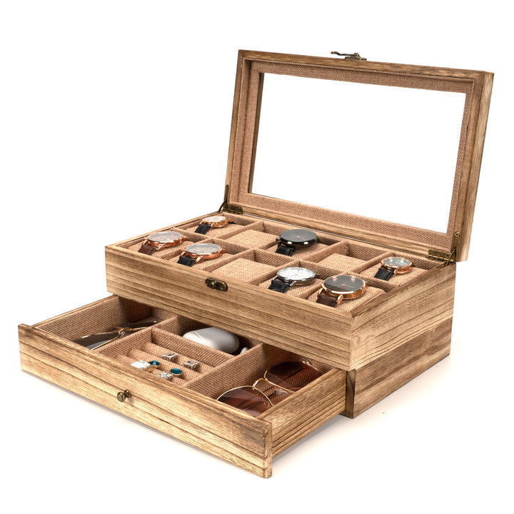 10-Slot Rustic Brown Wooden Watch Box - Large Capacity Watch Case for Men and Women, Display Organizer with Soft Velvet Interior, Perfect Gift for Boyfriend, Fathers Day, Birthday, and Anniversary