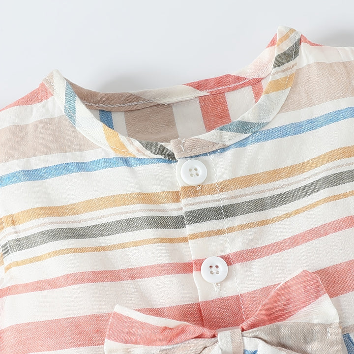 Baby Girls Striped Ruffled Romper Set with Bow Headband for Summer