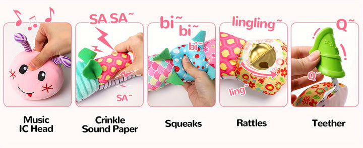 Baby Musical Stuffed Animal Toys for 0-3-6-12 Months, with Multi-Sensory Crinkle, Rattle And Textures, Infant Tummy Time Toys for Newborn, Baby Boy Girl Gifts, Purple for CATERPILLAR
