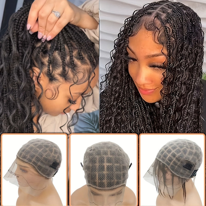 [Natural Braided Wig with Bangs] 95 Sections Glueless Full HD Lace Crochet Wig Cap for Women - Natural Looking Braided Wig with Bangs, Easy Sew-in, Black Braid Material, Free Hooks Included