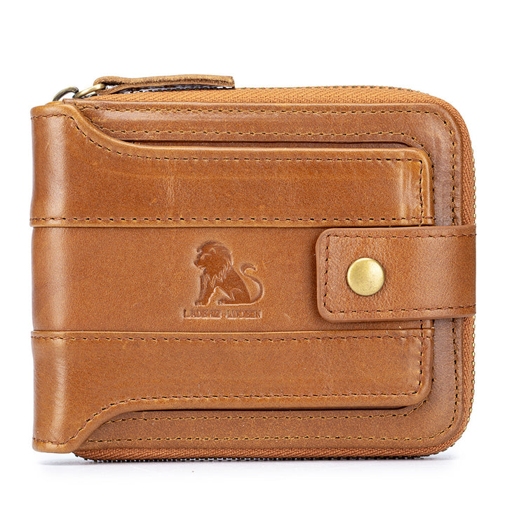 Men's Retro Genuine Leather Multi-Card Wallet with Zip, Large Capacity, Anti-Theft