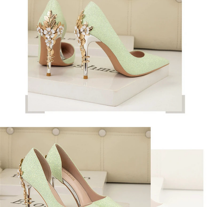 Light Luxury Sexy Women Dress Shoes 2025 Autumn Metal Flower Fashion High Heel Wedding White Pointed Sequins Shiny Female Pumps