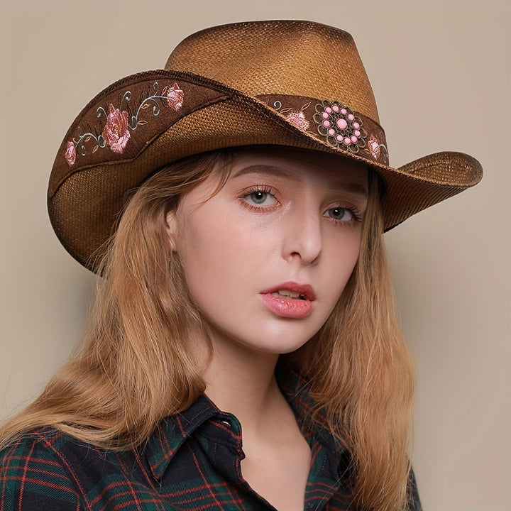 [Elegant Western Cowboy Hat] Natural Straw Western Cowboy Hat - Elegant Women's with Floral Embroidery, Sun Protection, Adjustable Drawstring, Perfect for Summer Outdoor Adventures