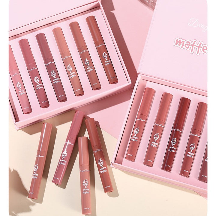 6 Pcs Lip Glaze Lipstick 6 Sets Non Stick Cup Nude Skin Color Lip Gloss Cute Set Box Long Lasting Non Stick Cup Does Not Fade Waterproof Lip Gloss Lipstick Gel, Valentine's Day Gifts For Women