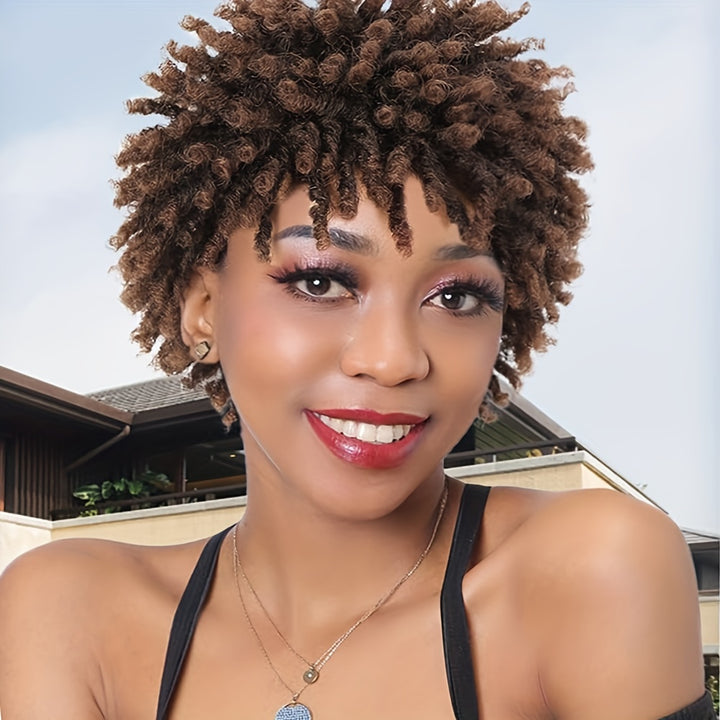 Afro Curly Faux Locs Wig, Glueless Synthetic Short Dreadlock Hairpiece, 150% Density, Rose Cap, for Women and Men, All Ethnicities, High-Temperature Fiber, Basic Style