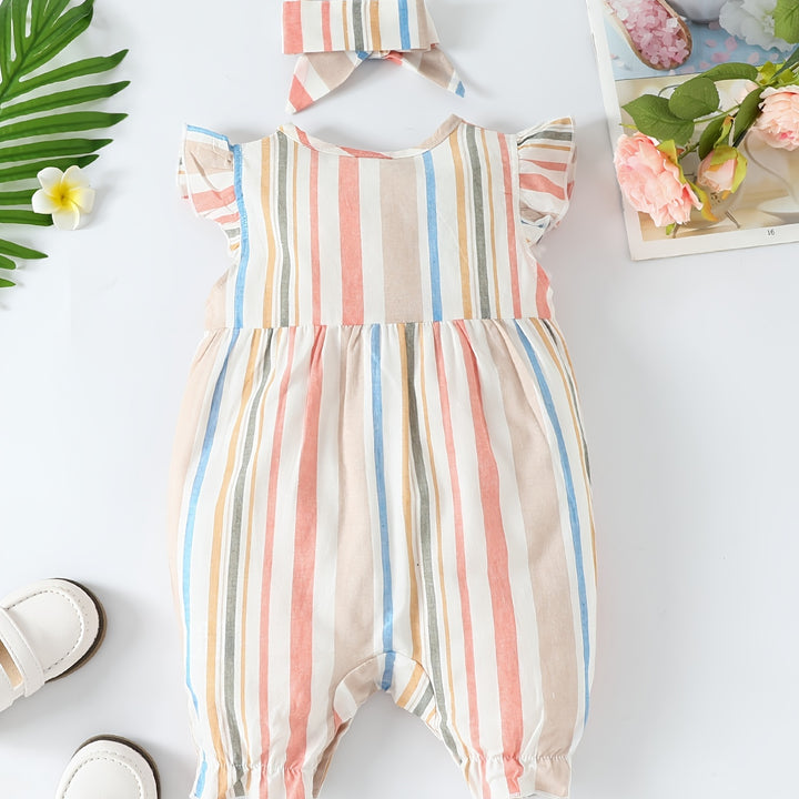 Baby Girls Striped Ruffled Romper Set with Bow Headband for Summer