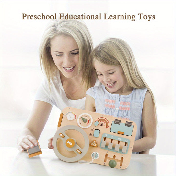 Drive Learning Through Play!
This wooden steering wheel busy board helps kids develop motor skills, problem-solving, and road sign recognition—all while having fun! Made from smooth, burr-free plywood in vibrant colors. Perfect for curious little drivers.