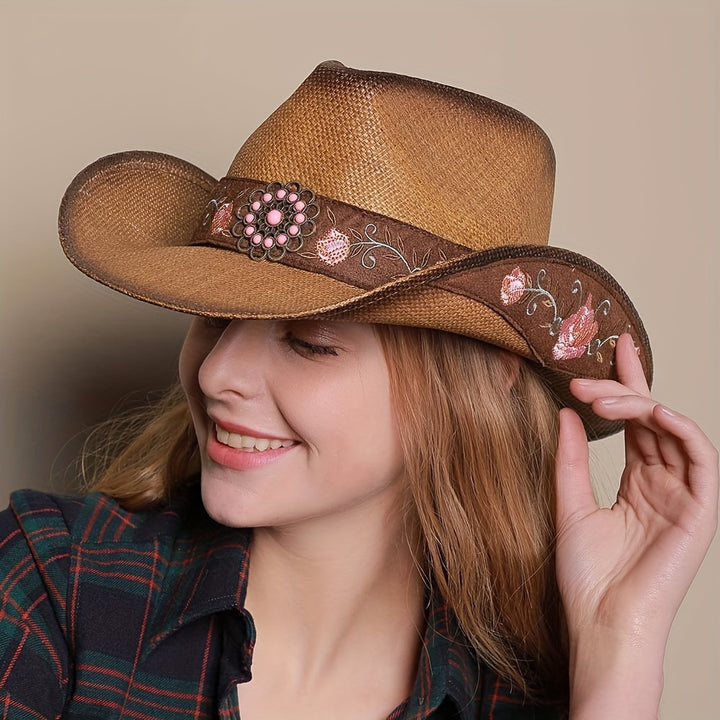 [Elegant Western Cowboy Hat] Natural Straw Western Cowboy Hat - Elegant Women's with Floral Embroidery, Sun Protection, Adjustable Drawstring, Perfect for Summer Outdoor Adventures