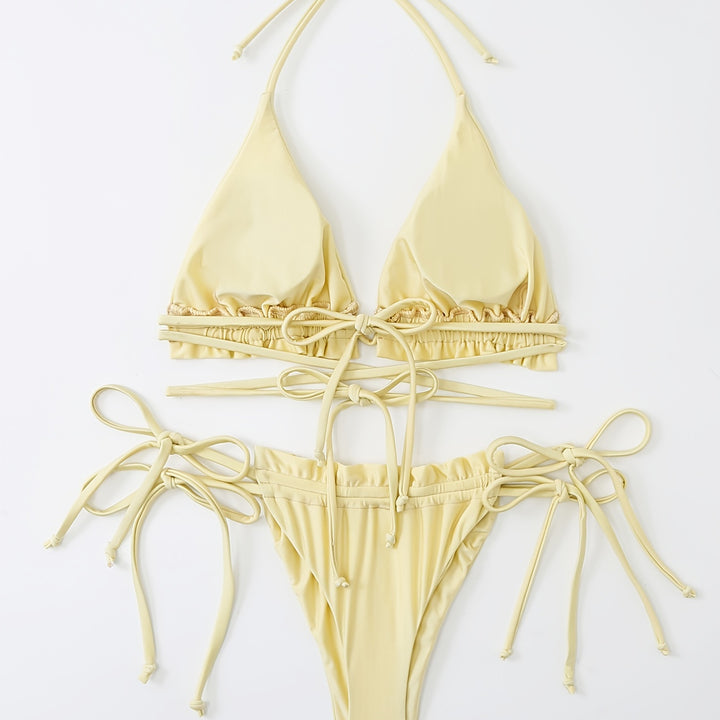 New Bikini Set with Multiple Straps and Bow Swimwear for Women's Solid Color One-Shoulder Swimsuit