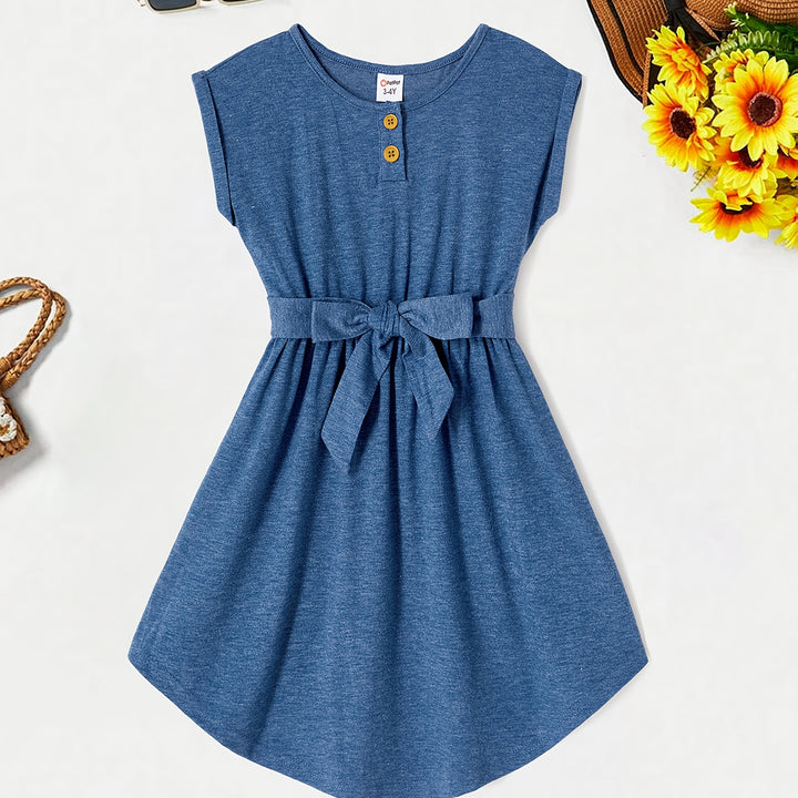 PatPat Family Matching Blue Cap-sleeve Belted Midi Dresses And Short-sleeve Striped Spliced T-shirts Sets, Men Women Baby Kid's Clothes For Family Activities