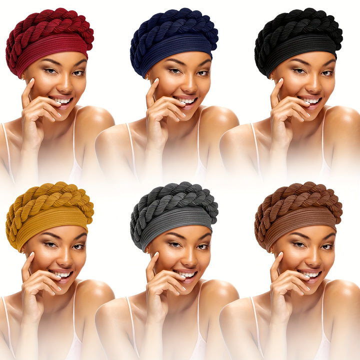 6 Pack Braid Turban Cap for Women Ethnic Bohemia Twisted Hair Cover Wrap Hat African Pre Tied Bonnet Cancer Braid Turban Hat Beanies Headwear Multicoloured