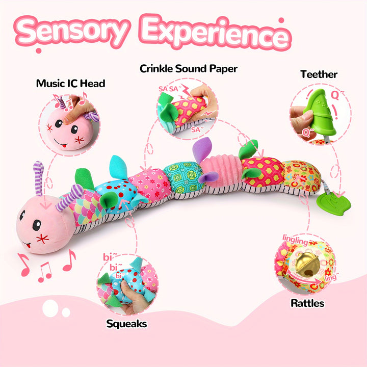 Baby Musical Stuffed Animal Toys for 0-3-6-12 Months, with Multi-Sensory Crinkle, Rattle And Textures, Infant Tummy Time Toys for Newborn, Baby Boy Girl Gifts, Purple for CATERPILLAR