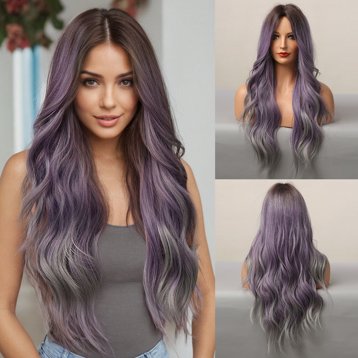 Luminous Butterfly Cut Ombre Purple Wig - Womens Long, Natural Wavy Synthetic Hair with Heat Resistant Fiber, Dark Brown Roots, and Flattering 26 Inch Middle Part