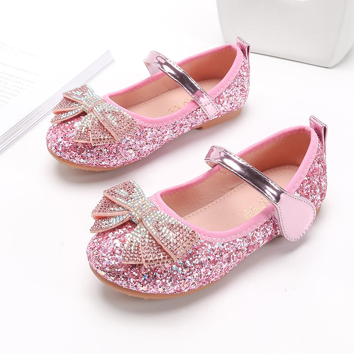 Sparkling Princess Mary Jane Ballet Flats - Soft Sole, Glitter Sequin, Rhinestone Bow Girls Shoes for Everyday Wear - Comfortable, Fashionable, and Durable