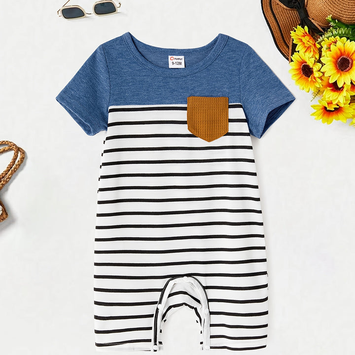 PatPat Family Matching Blue Cap-sleeve Belted Midi Dresses And Short-sleeve Striped Spliced T-shirts Sets, Men Women Baby Kid's Clothes For Family Activities