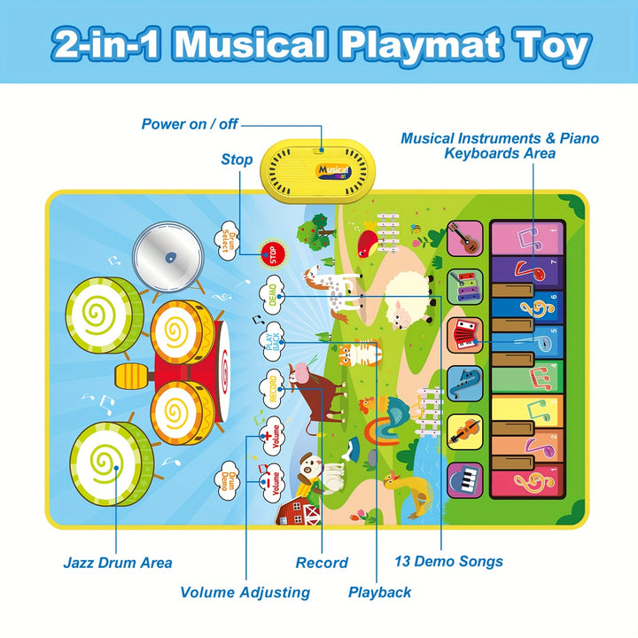 🧠 Educational & Fun.
Interactive Music Mat for Kids
Boost creativity with this musical mat featuring 8 animal sounds, a piano keyboard, and real drum play! Fun, safe & perfect for toddlers.