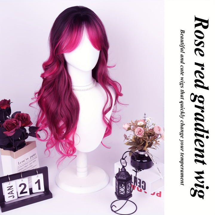 28" Heat Resistant Synthetic Hair Long Wavy Wig with Air Bangs - 150% Density Rose Net Cap for Women, Elegant Curly Wave Style for Parties, Christmas & Casual Attire, Everyday Wig | Chic Appearance | Synthetic Hair Wig, Wig A