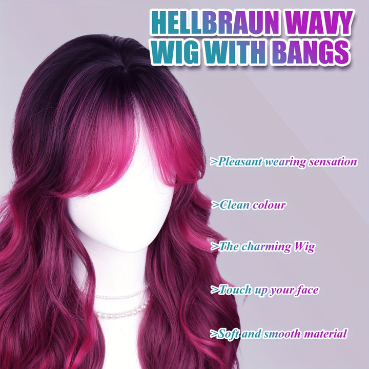 28" Heat Resistant Synthetic Hair Long Wavy Wig with Air Bangs - 150% Density Rose Net Cap for Women, Elegant Curly Wave Style for Parties, Christmas & Casual Attire, Everyday Wig | Chic Appearance | Synthetic Hair Wig, Wig A