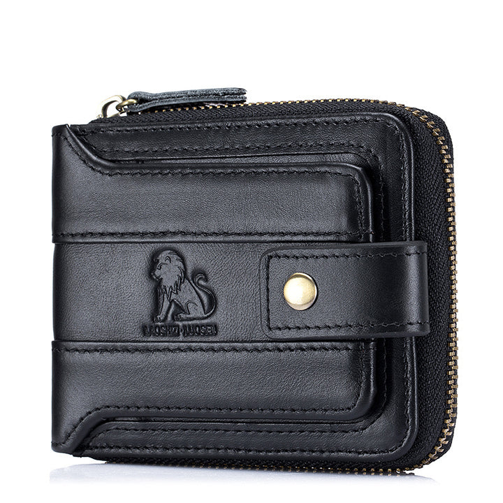 Men's Retro Genuine Leather Multi-Card Wallet with Zip, Large Capacity, Anti-Theft