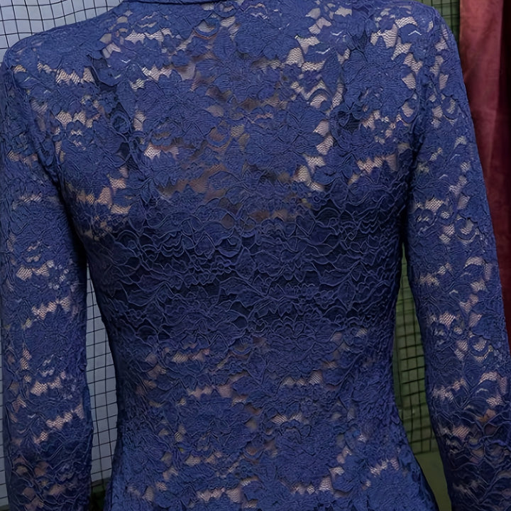 Sexy Lace Mock Neck Long Sleeve Slim Fit Top - Flattering, Breathable, and Comfortable for Spring and Fall - Women's Stylish Clothing for Everyday Wear