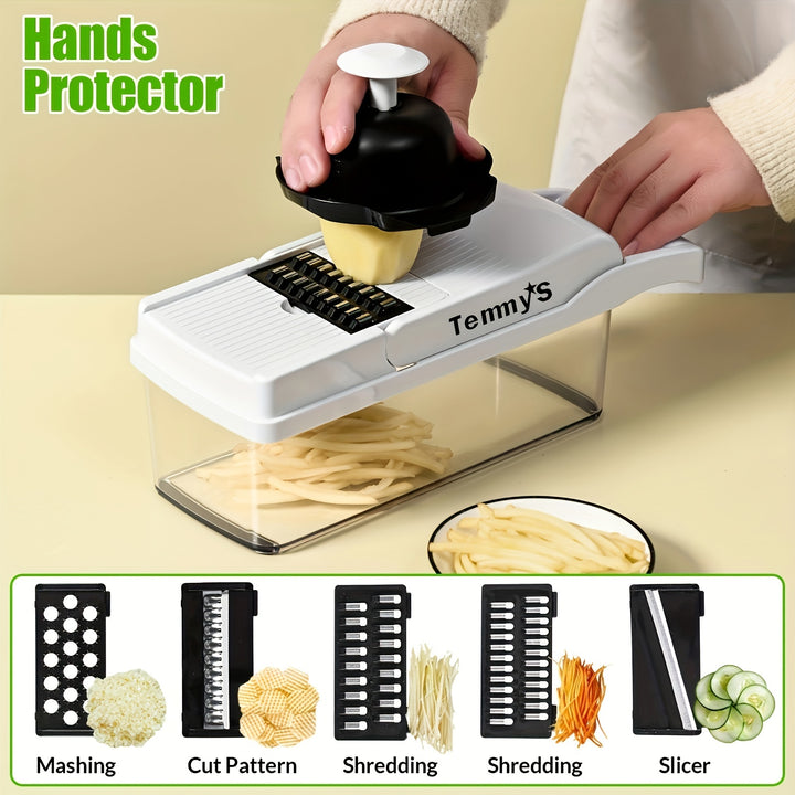 1 Set, 15-in-1 Premium Stainless Steel Vegetable Chopper - Multifunctional Fruit Slicer, Food Grater, Onion Mincer, Potato Shredder with 7 Square Blades, Draining Basket, and Manual Operation for Efficient Kitchen Tasks