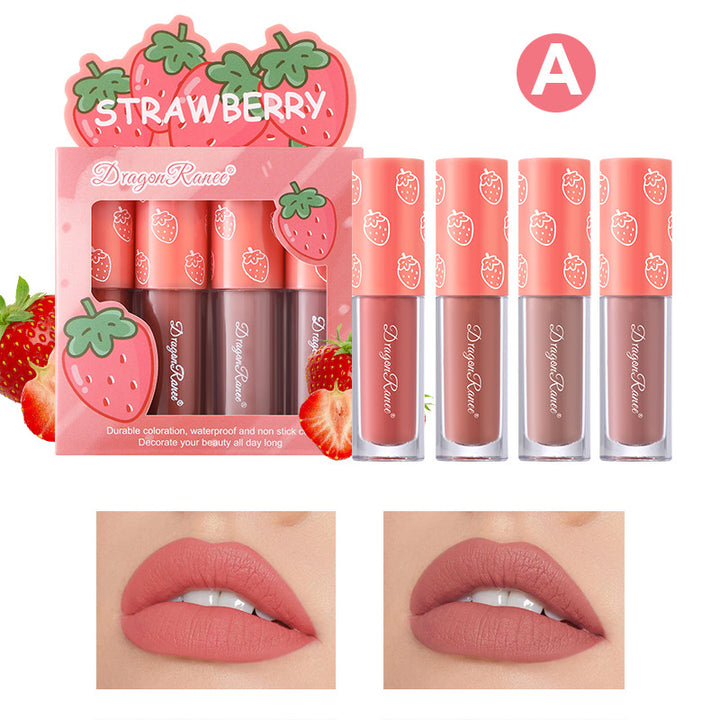 4 Pcs Strawberry Matte Lipstick Set - Lip Stains with Waterproof, Non-Stick, Velvety Finish and Long-Lasting Lip Glaze - Perfect Valentine's Day Gifts for Women with Lip Care Benefits